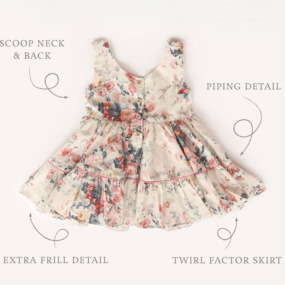Girls' Cream Floral Tiered Dress with Pink & Blue Blooms